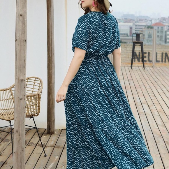 Boho Plus Size Floral Print Teal Blue Ruffle maxi Dress - Picture 4 of 5